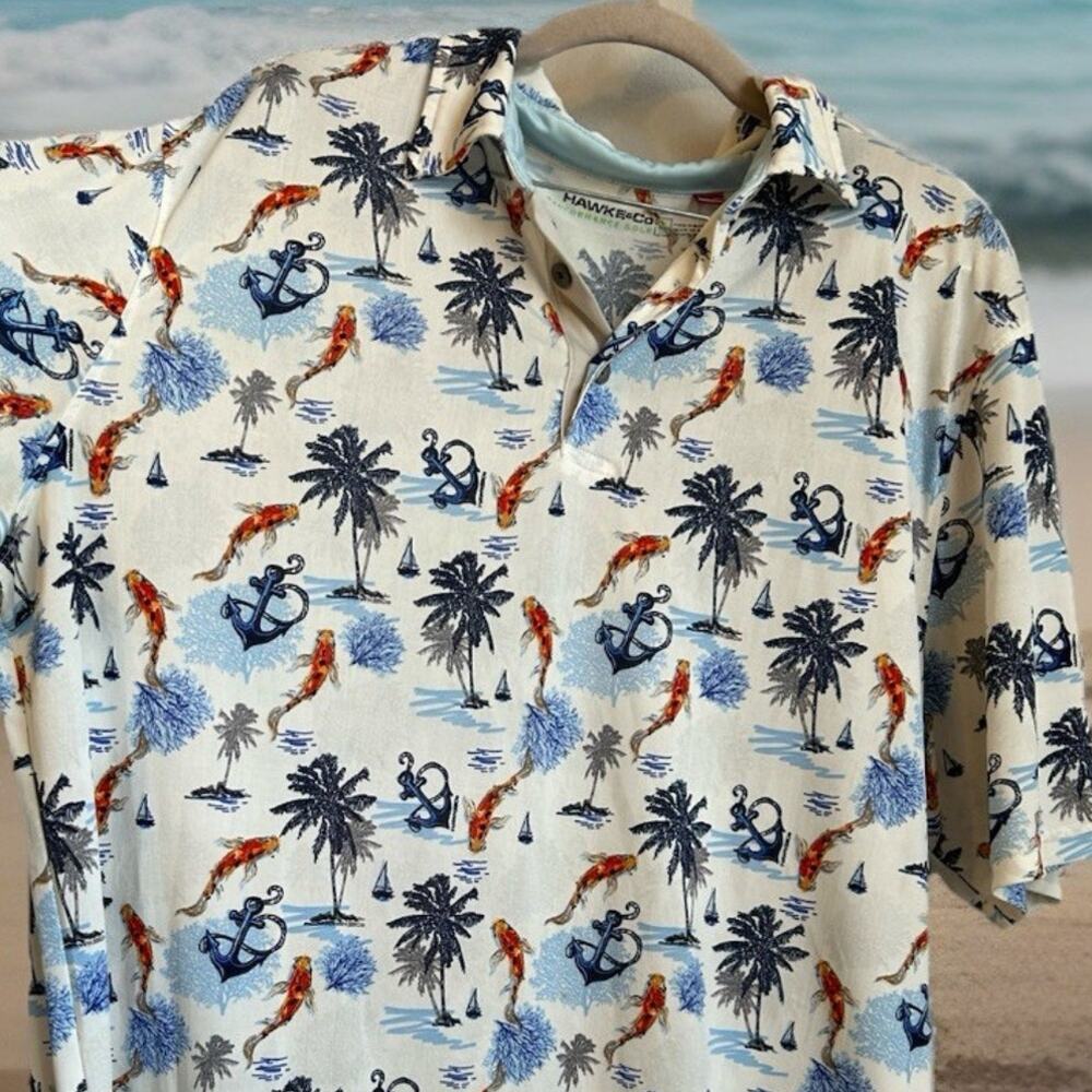 Mens Golf Polo Aloha Koi Fish Nautical Tropical Shirt XL Travel Friendly Casual